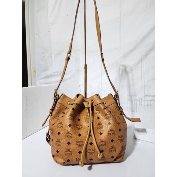 Authentic MCM Visetos Essential Drawstring Bucket Bag Cognac - Picture 11 of 16